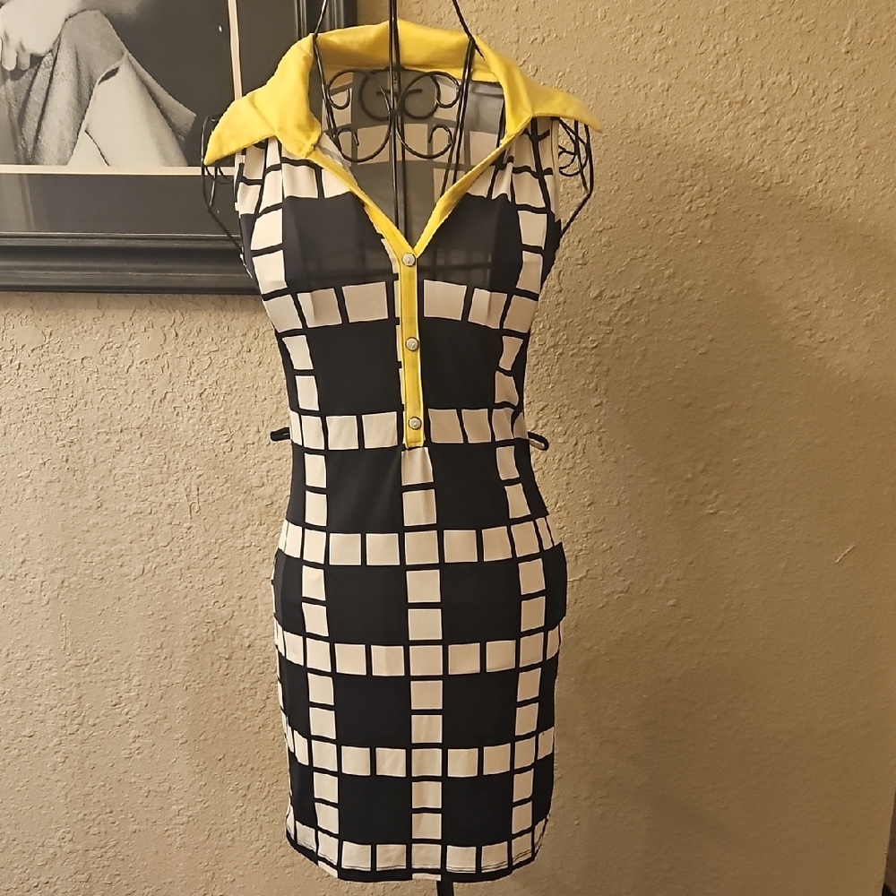 Stylish Black and Yellow Checkered Dress. No Belt